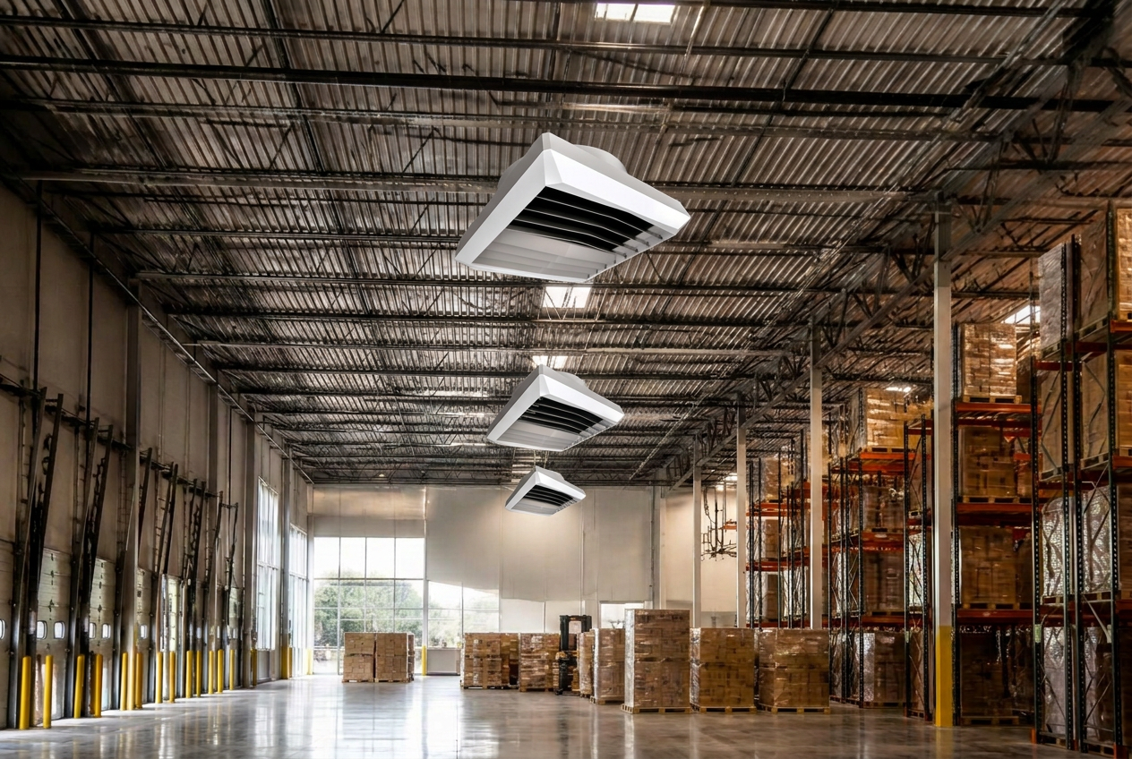 Entrepôt logistique de grande hauteur équipé de déstratificateurs d'air sous charpente